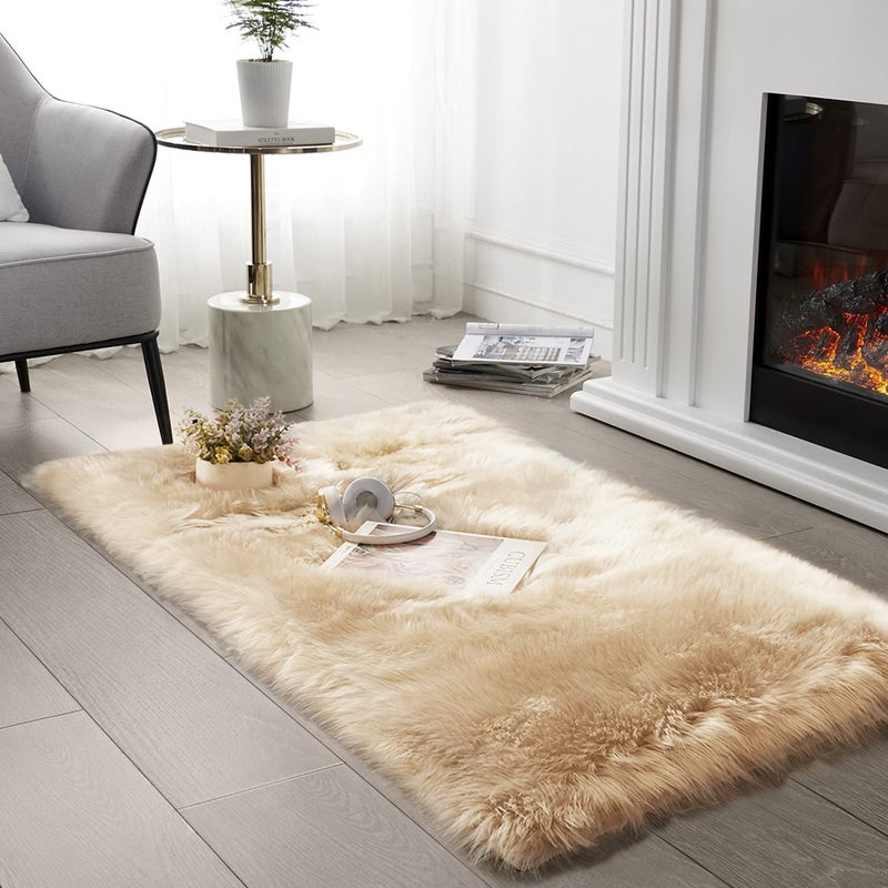 SERISSA Soft Faux Sheepskin Fur Area Rug Beige Fluffy Rug Plush Chair Cover Seat Pad Fuzzy Carpet Furry Beside Rugs for Bedroom Floor Sofa Living Room 2x4 Feet (Rectangular,Beige) - Image 1